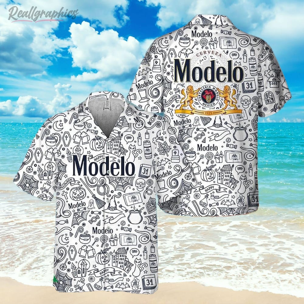 Halloween Doodle Art Modelo Beer Hawaiian Shirt, Short Sleeve Button-up Shirt