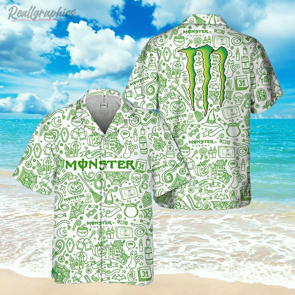 Halloween Doodle Art Monster Energy Hawaiian Shirt, Short Sleeve Button-up Shirt