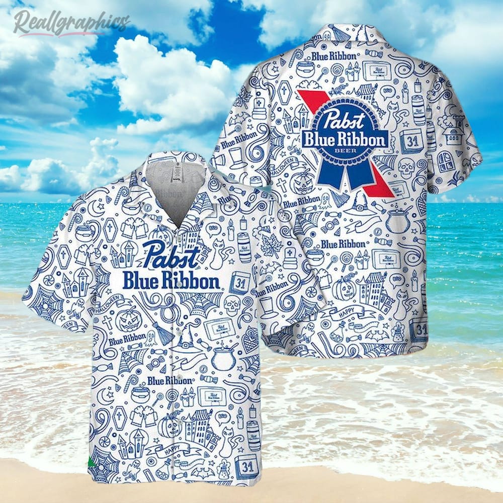 Halloween Doodle Art Pabst Blue Ribbon Hawaiian Shirt, Short Sleeve Button-up Shirt