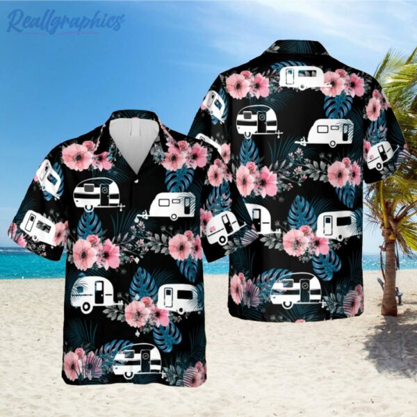 hibicus and recreational vehicle black hawaiian shirt 1 oovoeb