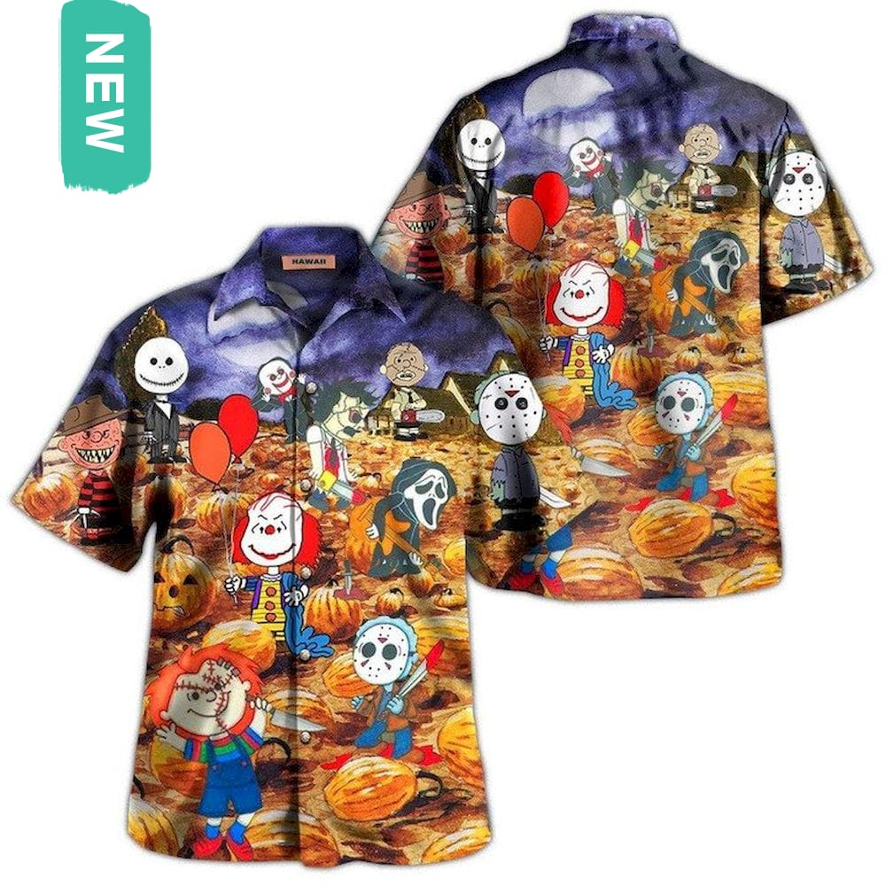 Horror Characters Halloween Hawaiian Shirt, Short Sleeve Button-up Shirt