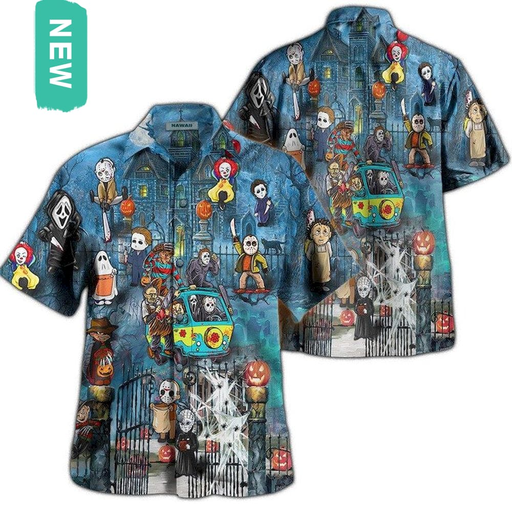 Horror Characters Halloween in Scooby-Doo Hawaiian Shirt, Short Sleeve Button-up Shirt