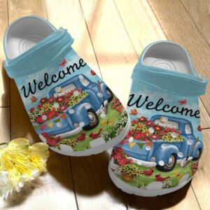 welcome camping bus shoes clog beautiful flower car crocs blue spring ride cymfej