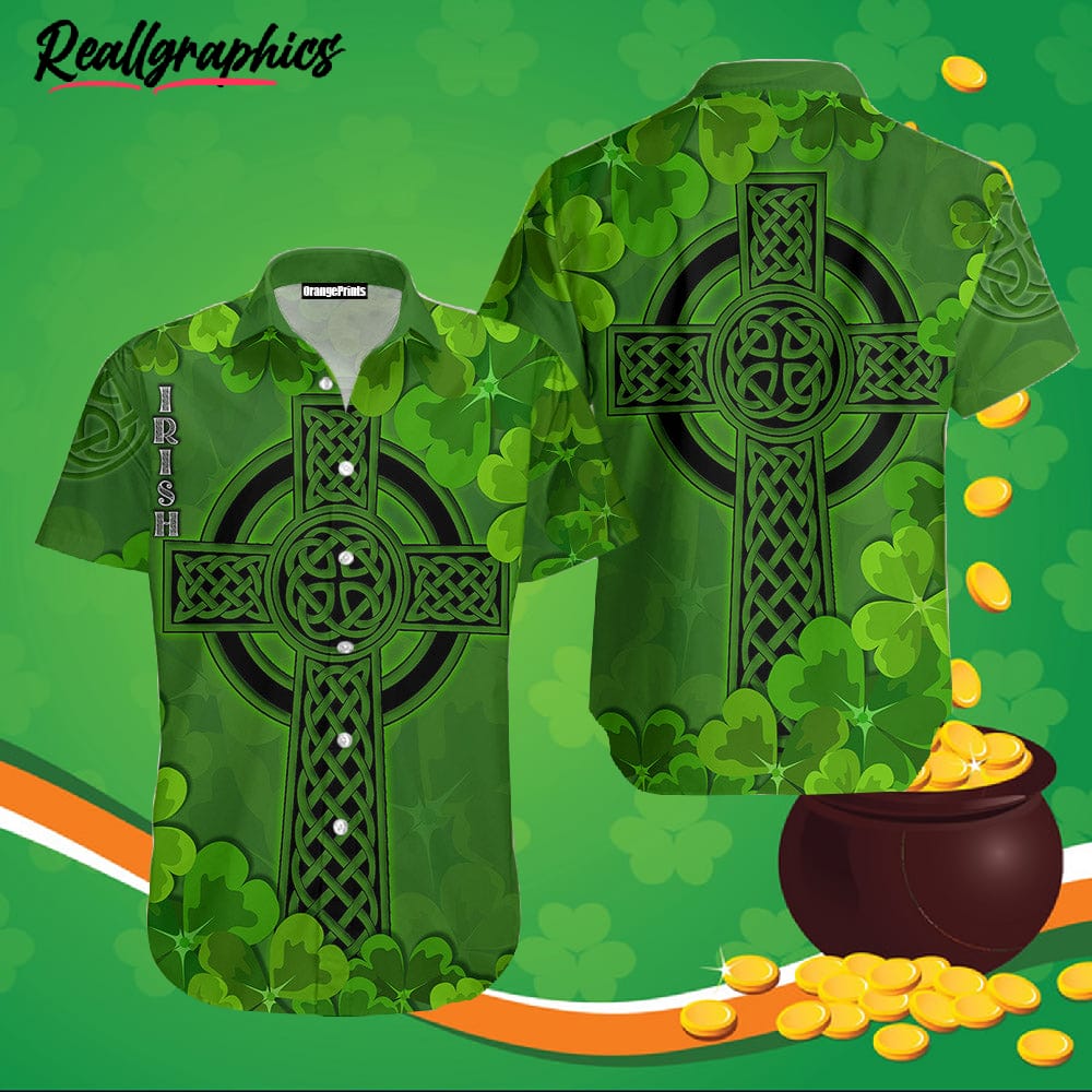 Celtic Cross And Shamrock Pattern Irish St Patrick's Day Hawaiian Shirt ...