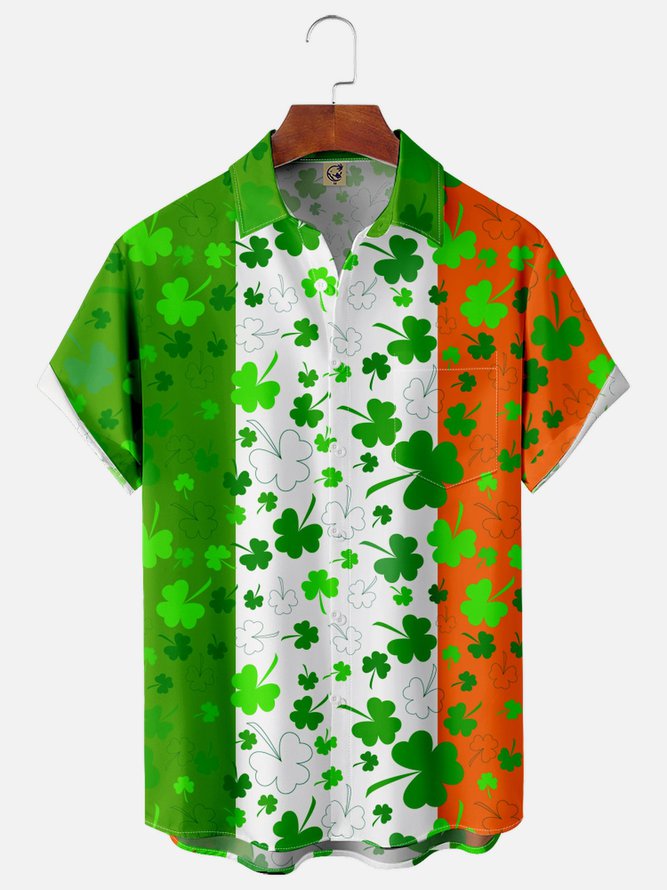 Shamrock Ireland Flag Pattern Chest Pocket Short Sleeve Shirt