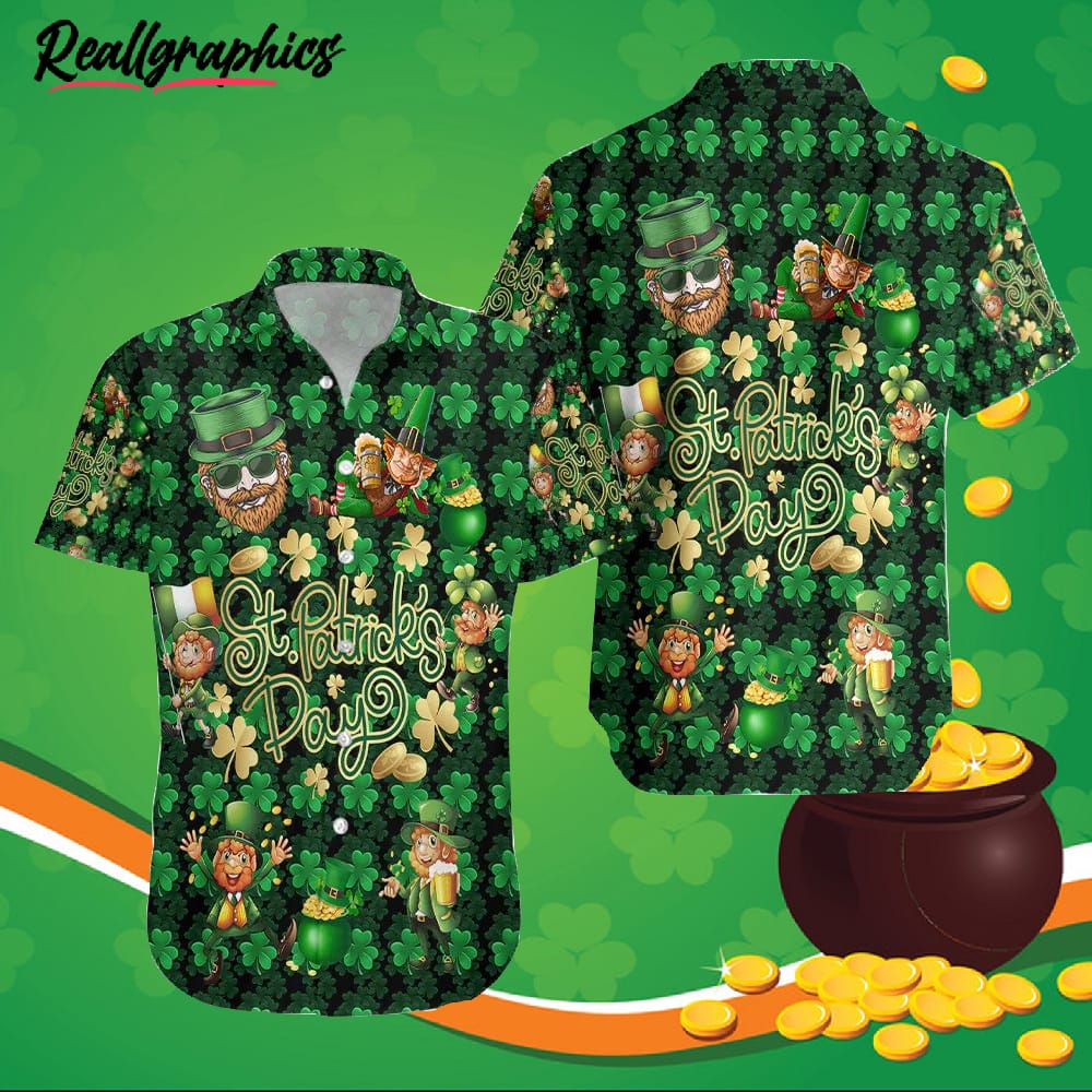 St.Patrick's Day Leprechauns And Clover Pattern Hawaii Button Shirt