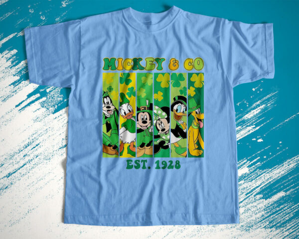 t shirt light blue mickey and co est 1928 st patricks day egkee4