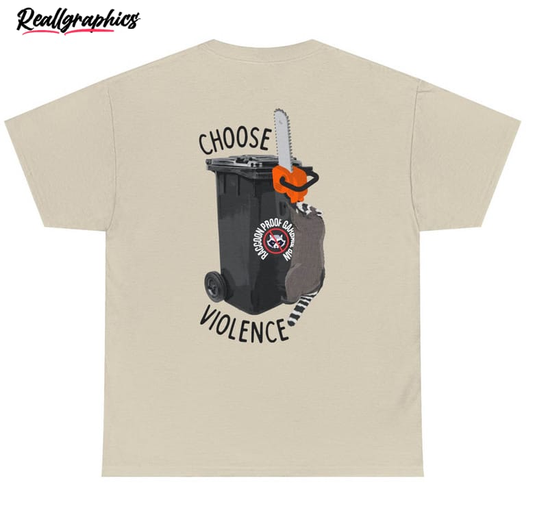 raccoon with chainsaw on trash shirt, funny unisex tee for raccoon lover