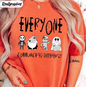 everyone communicates differently halloween shirt, sped teacher long sleeve unisex hoodie