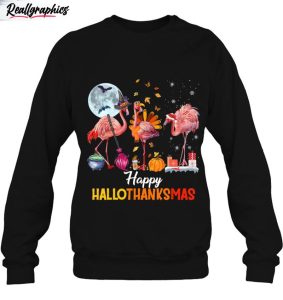 flamingo halloween and merry christmas happy hallothanksmas shirt