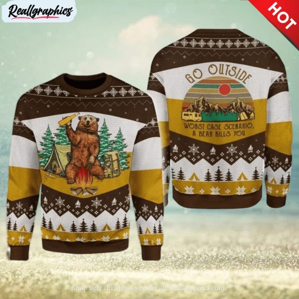 a bear with beer go outside camping 3d all over print ugly christmas sweater