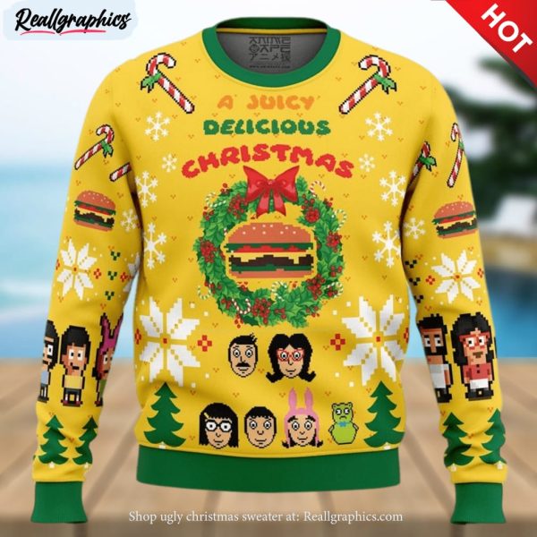 a juicy delicious christmas bob’s burgers ugly christmas sweater