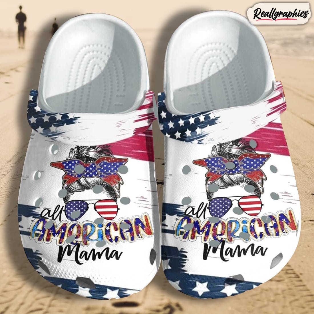 all american mama messy custom shoes crocs, bun hair style american flag outdoor shoes crocs