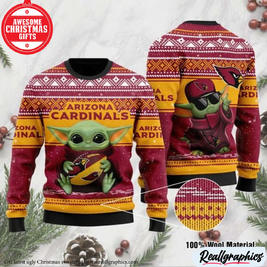 festive baby yoda arizona cardinals christmas sweater