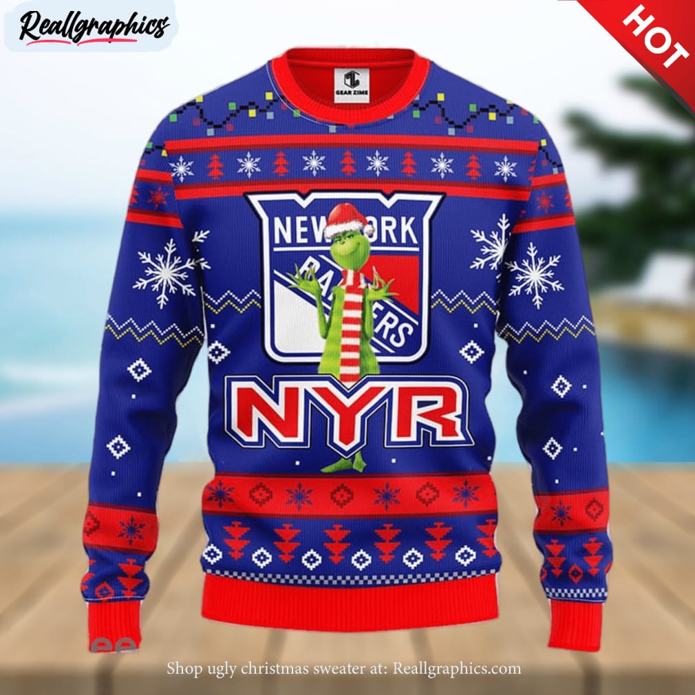 'Ugly Christmas Sweater Decked Out In New York Rangers Logos and Grinch Fun For Die-hard Fans'