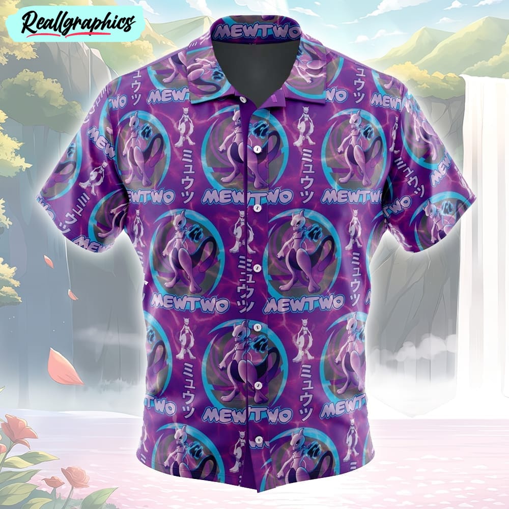 cosmic mewtwo pokemon button up hawaiian shirt