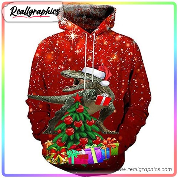 funny 3d print christmas tree rex hoodie