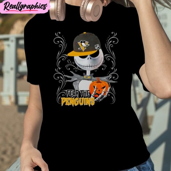 jack skellington fear the pittsburgh penguins pumpkin halloween unisex t-shirt, hoodie, sweatshirt