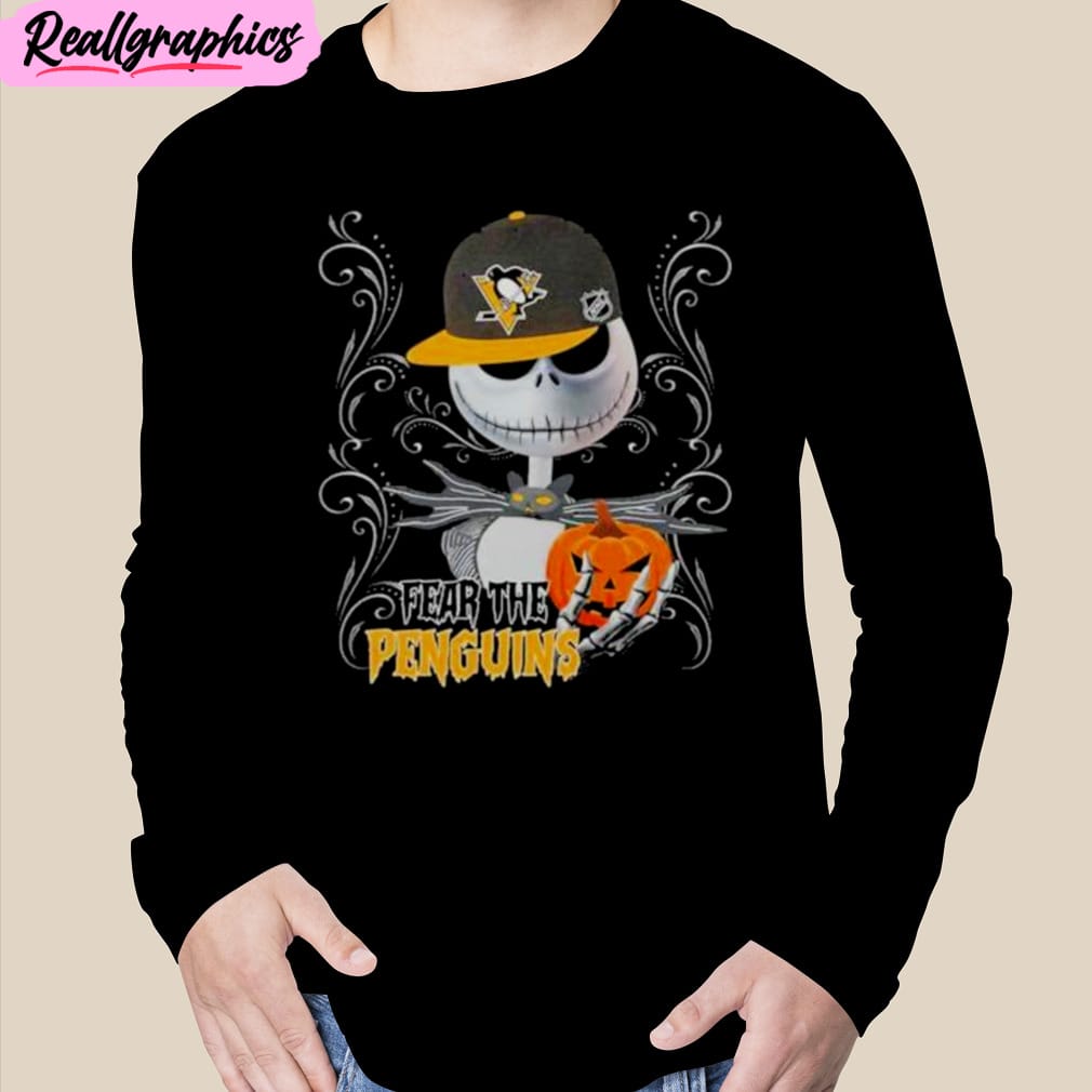 jack skellington fear the pittsburgh penguins pumpkin halloween unisex t-shirt, hoodie, sweatshirt