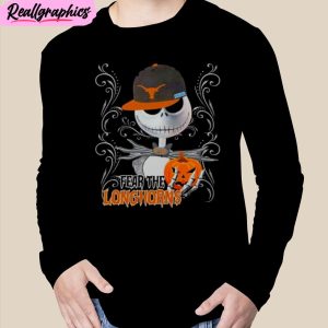 jack skellington fear the texas longhorns pumpkin halloween unisex t-shirt, hoodie, sweatshirt