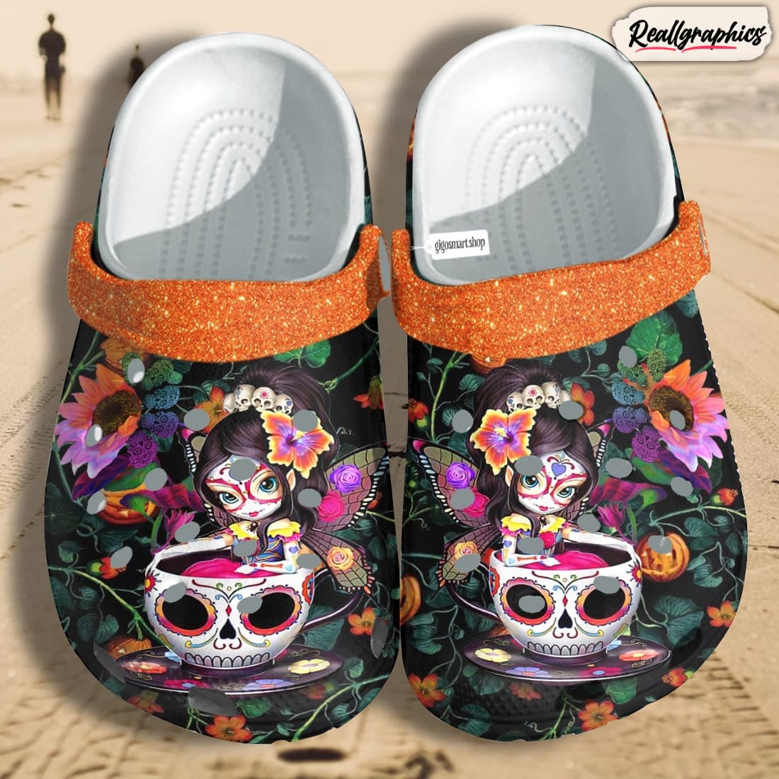 mexican sugar skull lady chibi crocs shoes halloween, skull girl shoes croc christmas