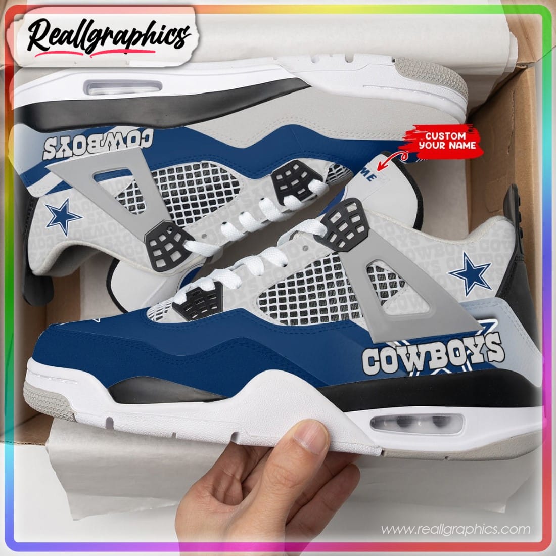 Dallas Cowboys Ink Splash NFL Custom Air Jordan 4 Sneaker - Reallgraphics