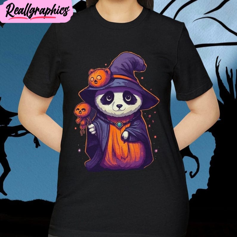 panda pumpkin witch organic shirt, halloween short sleeve sweater