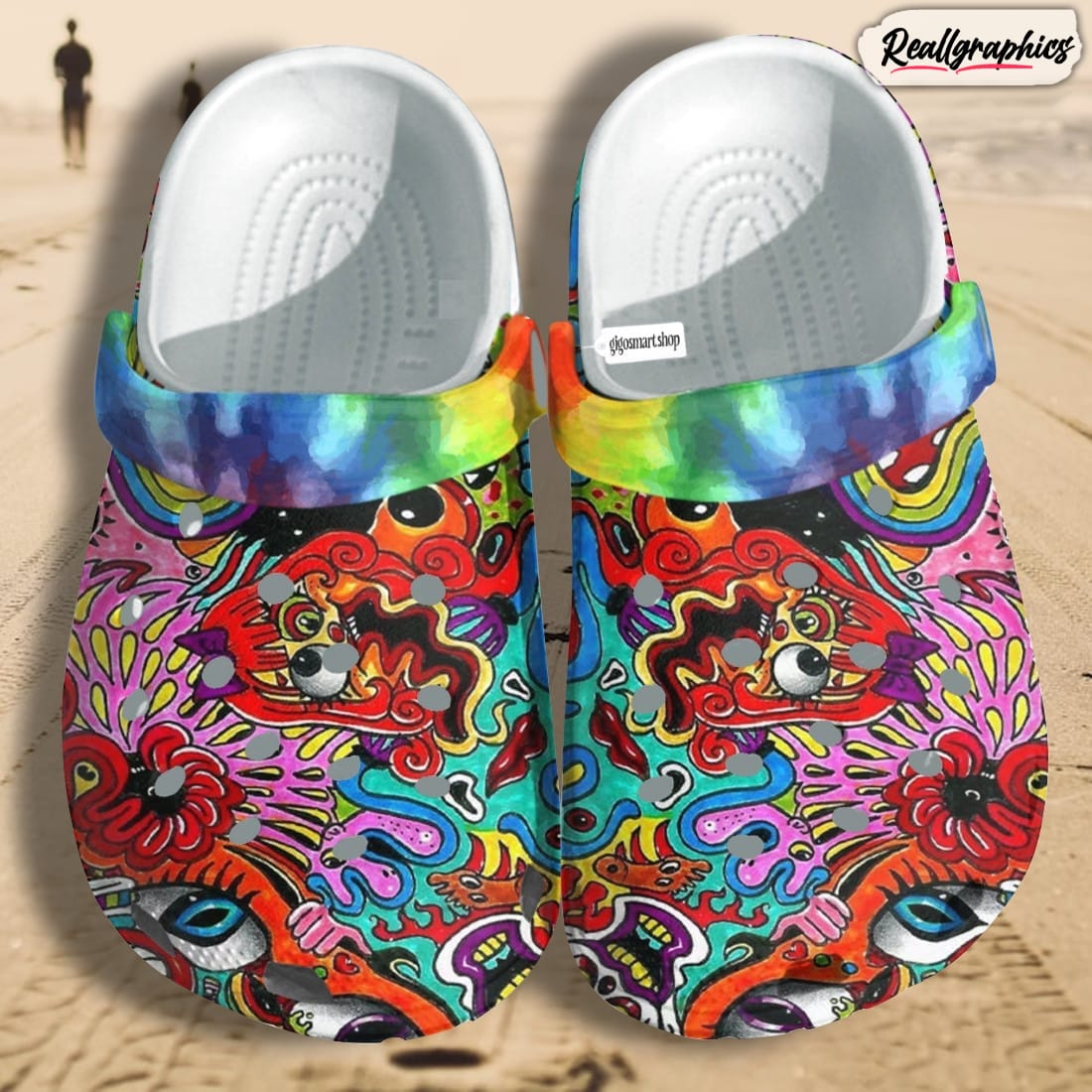 rainbow hippie tie dye dream art face woman crocs shoes