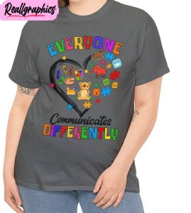 retro everyone communicate differently shirt, autism awareness short sleeve sweater