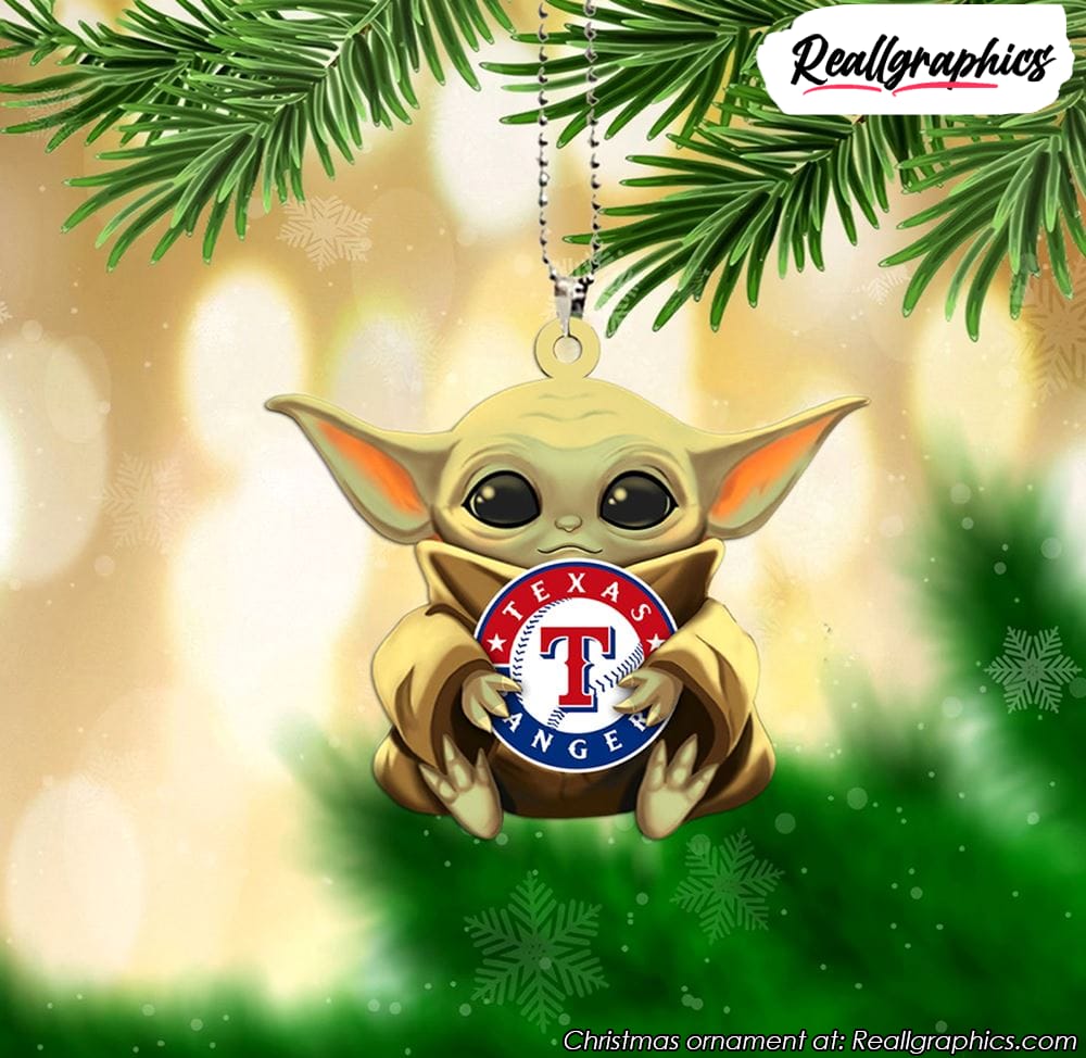 Baby Yoda Gives a Festive Hug to the Texas Rangers Christmas Ornament