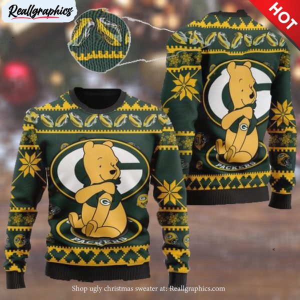 green bay packers nfl american football team logo cute winnie the pooh bear 3d ugly christmas sweater