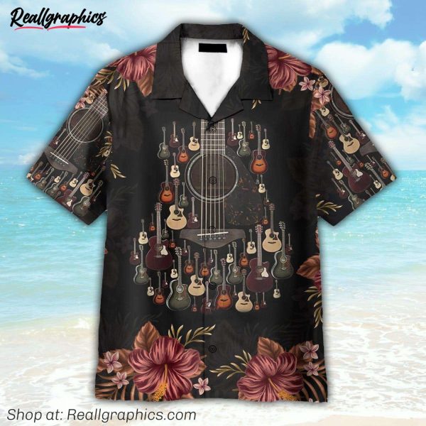 acoustic guitar tropical flowers hawaiian shirt