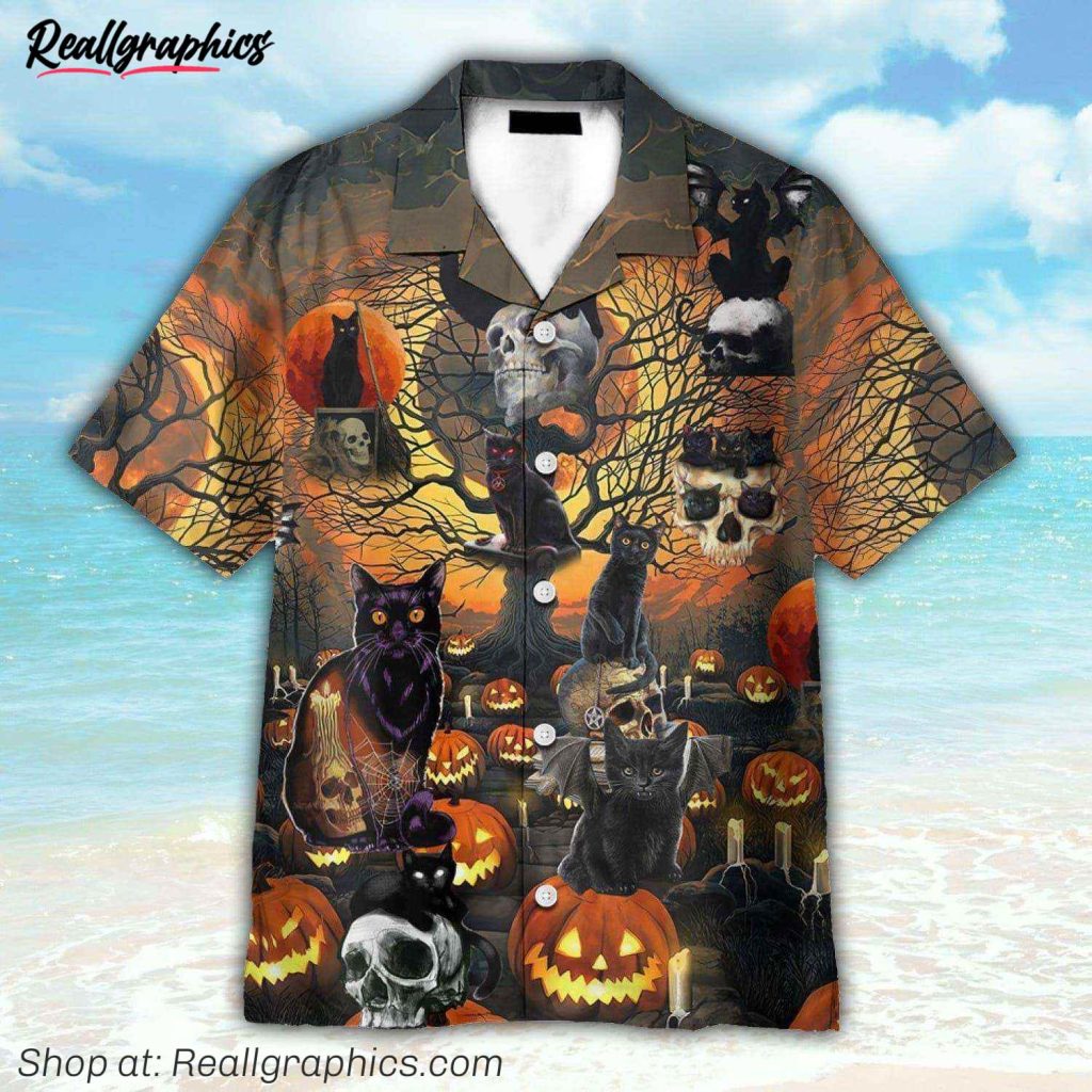 skull with black cat halloween hawaiian shirt