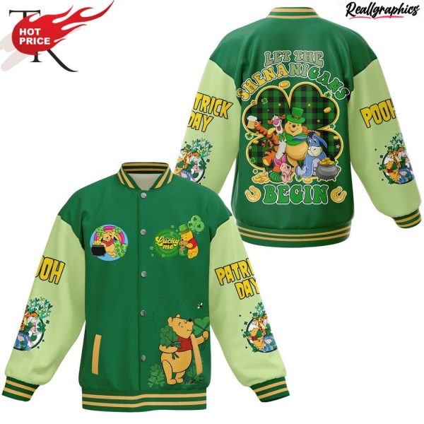 winnie-the-pooh let the shenanigans begin happy st patrick's day baseball jacket