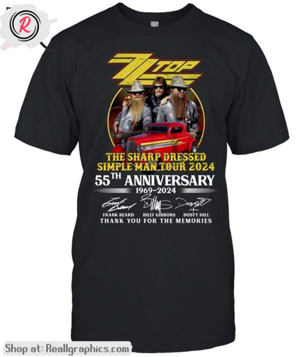 zz top sharp dressed simple man tour 2024 55th anniverasry 1969-2024 thank you for the memories unisex shirt